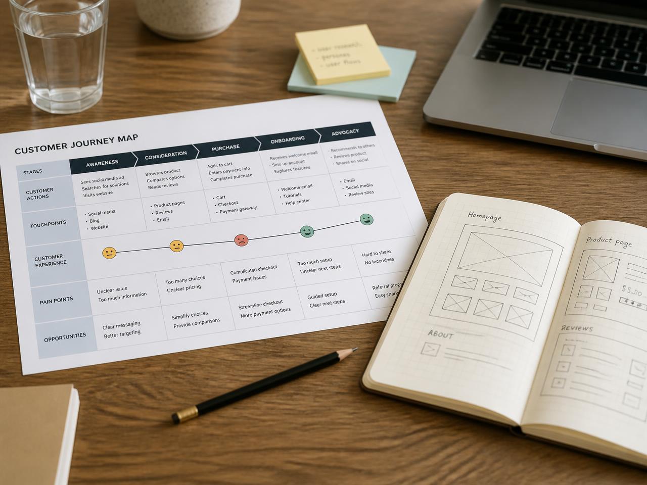 A printed customer journey map, notebook of wireframe sketches and a laptop on a desk