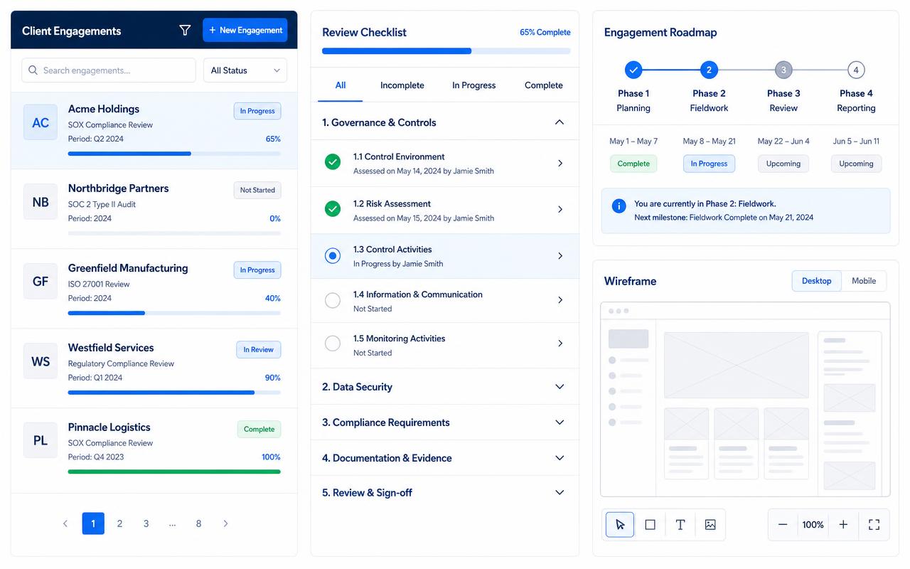 Compliance product prototype showing an engagement list, review checklist, phased roadmap and wireframe panel